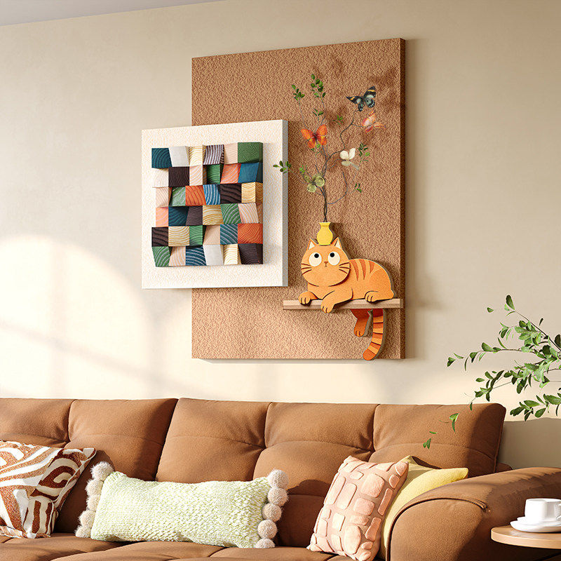 立体实木客厅装饰画猫咪中古风沙发背景墙挂画高级感饭厅玄关壁画