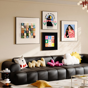 奶油中古风客厅装饰画立体实木画多巴胺沙发背景墙组合挂画高级感