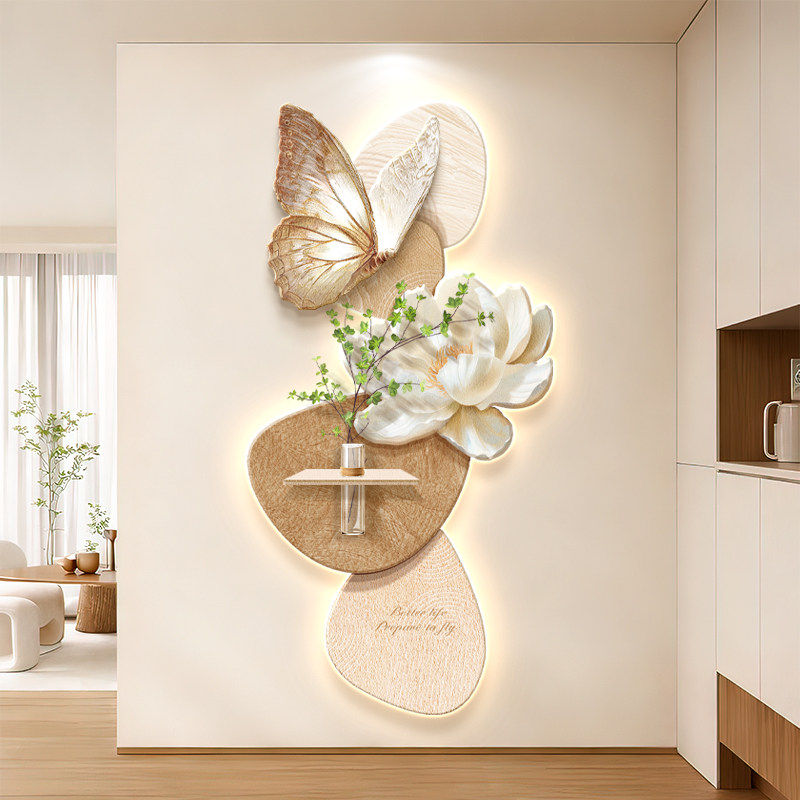 奶油风玄关装饰画入户正对门蝴蝶高级感走廊过道挂画带灯砂岩壁画