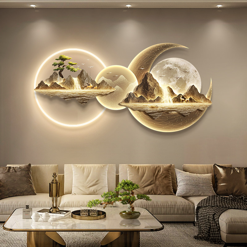 流水生财轻奢客厅装饰画新中式沙发背景墙挂画高级感大气山水壁画