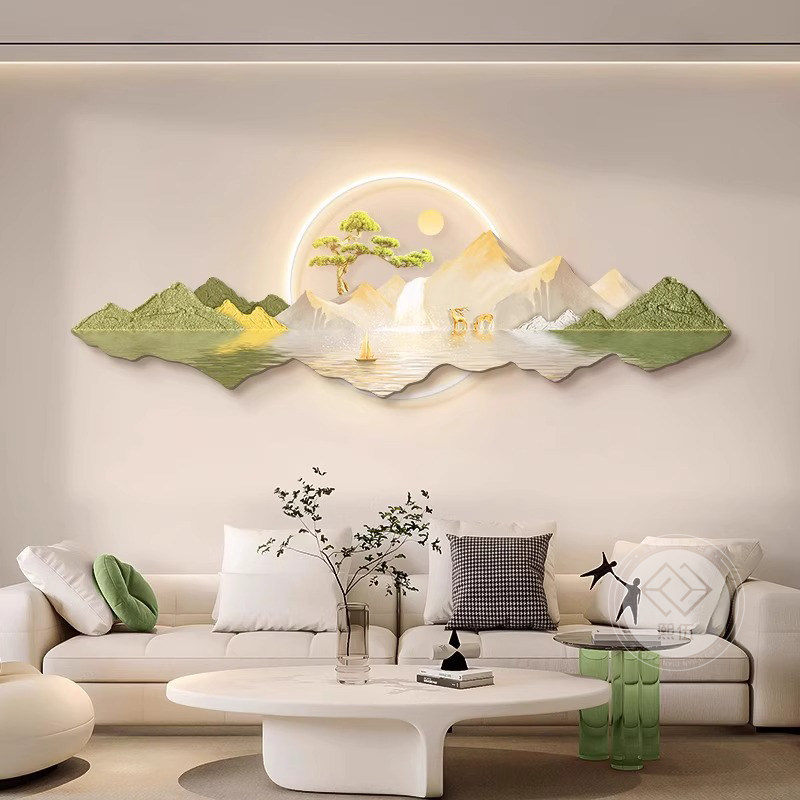 日照金山客厅装饰画北欧沙发背景墙挂画奶油原木风景山水画壁灯画