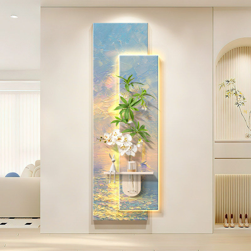 奶油风入户门玄关装饰画海景水培绿植走廊过道感应挂画带灯高级感