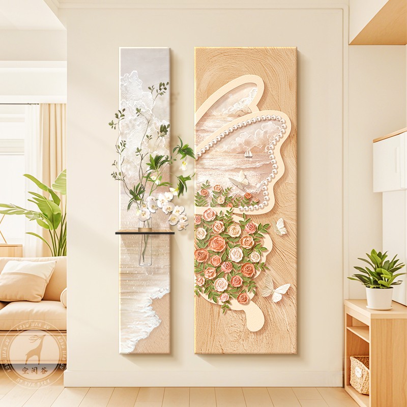 奶油风蝴蝶玫瑰玄关装饰画水培绿植造景壁画法式中古走廊过道挂画图片