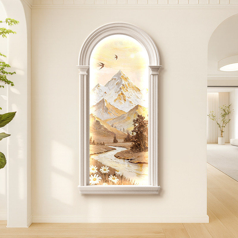 奶油中古风入户玄关装饰画带灯日照金山肌理油画法式走廊过道挂画