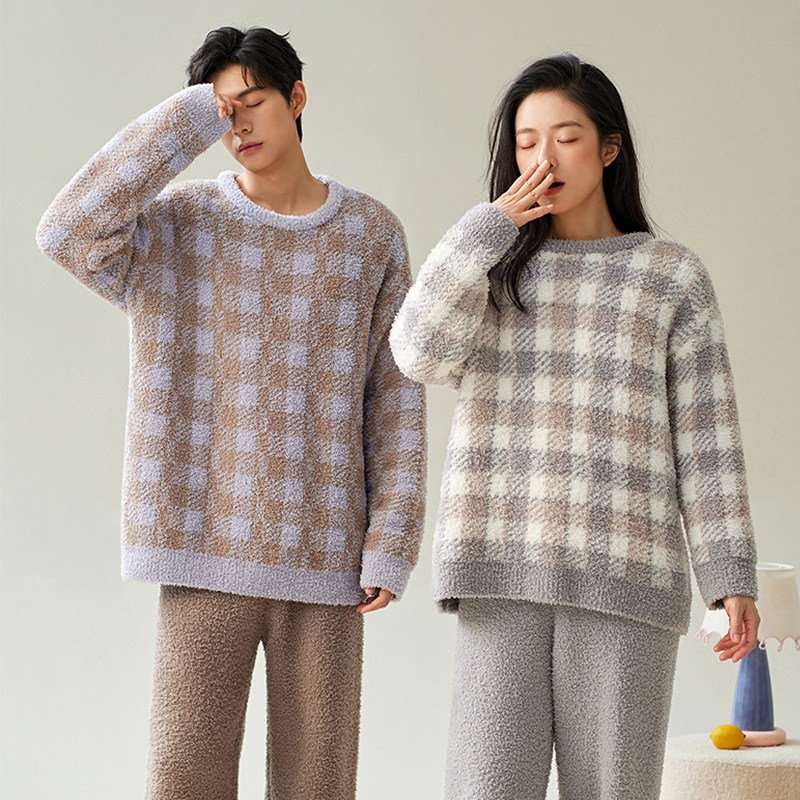 安之伴半边绒情侣睡衣秋冬保暖加厚女珊瑚绒圆领格子男家居服套装,女士内衣/男士内衣/家居服,睡衣/家居服套装,淘宝优惠券,粉丝福利购,淘宝优惠卷