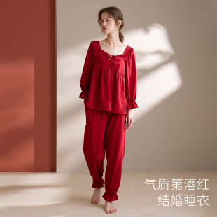 安之伴春秋睡衣女长袖 可外穿家居服 纯棉法式 甜美喜庆红色宽松韩版
