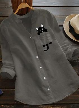 Women Shirt Cat Printed Pocket Cotton Linen Blouse V- Neck C