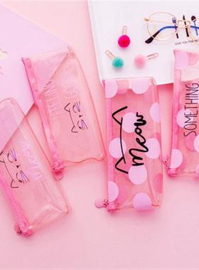 Ins Cute Girls Heart Pink Transparent Cat Pencil Bag Sall F