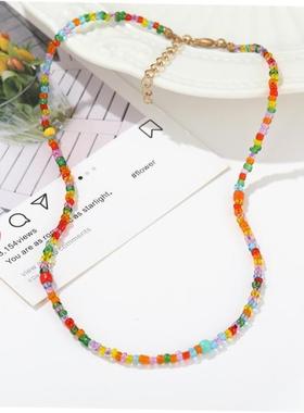 Short neck chain Hand Beaded colorful rice Bead Necklace