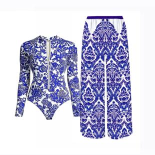 Black And Printed Long Sleeve Swimsuit With ver Up Sexy Swim