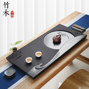 竹木传情天然乌金石茶盘新中式浮雕家用简约整块石头茶台茶海托盘