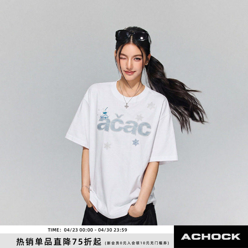 【Achock官方店】acac系列雪花刺绣T恤基础简约宽松布贴圆领短袖