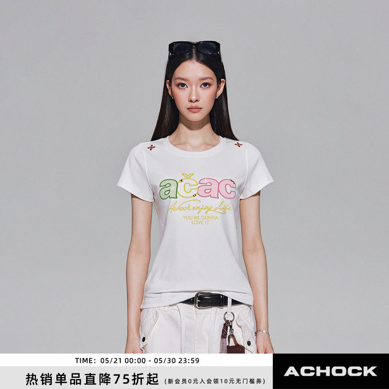 【Achock官方店】acac系列彩虹字母刺绣圆领T恤26夏季新款短袖女 - 实物图
