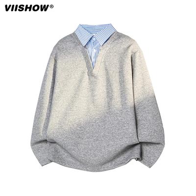 VIISHOW复古假两件拼接翻领卫衣男秋季潮牌宽松情侣休闲套头上衣
