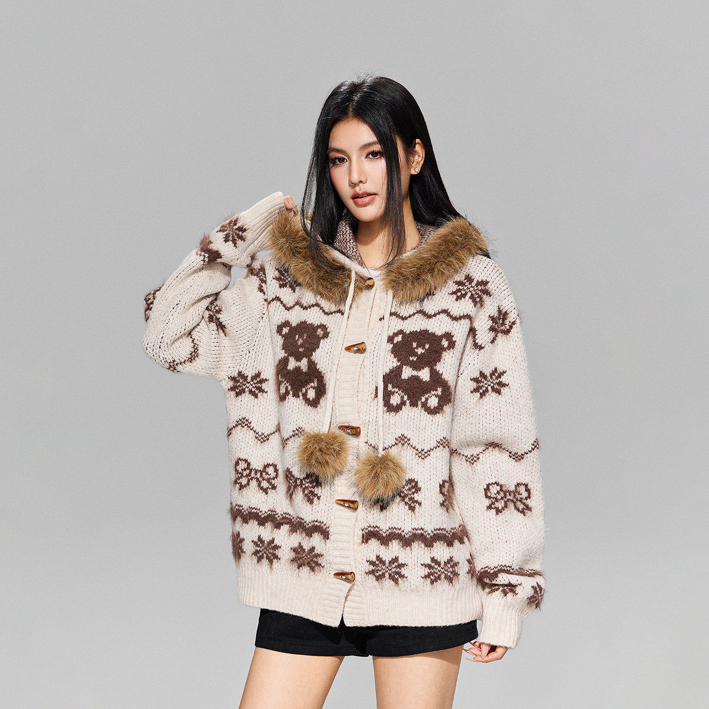 【Achock官方店】冬季新款复古费尔岛牛角扣毛领连帽针织衫毛衣女,男装,针织衫/毛衣,淘宝优惠券,粉丝福利购,淘宝优惠卷