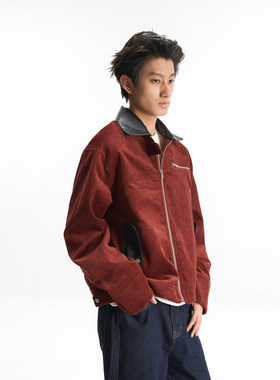 新因素美式复古可拆卸皮领拼接灯芯绒夹克宽松vintage设计感外套