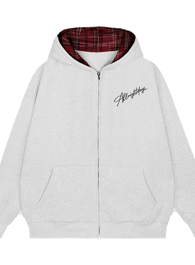 SWAG MOB正品街头hiphop美式印花字母格子拼接拉链连帽卫衣ins潮