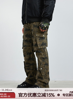 新因素美式复古迷彩多口袋工装裤男女重磅直筒宽松街头牛仔伐木裤