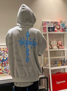 A chock春季卫衣vibe风摇粒绒个性英文印花卫衣宽松休闲连帽卫衣