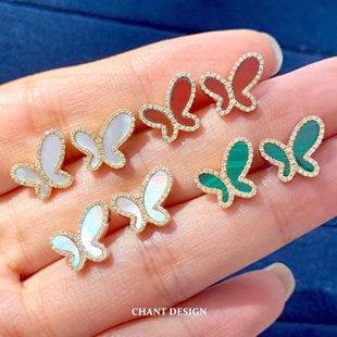 无.敌蝴蝶钻石耳钉女22K金孔雀石红玉髓白贝母粉贝蝴蝶结耳环纯银