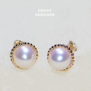 M设计小圆点日本Akoya珍珠耳钉 纯银镀18K金麻花款圆形耳环太阳花