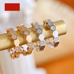 蜂巢耳环 女纯银白金玫瑰金镶钻蜂窝耳钉C型耳饰高级感百搭