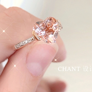 18K金摩根石心形宝石戒指女玫瑰金纯银香槟色爱心指环钻石礼物ins