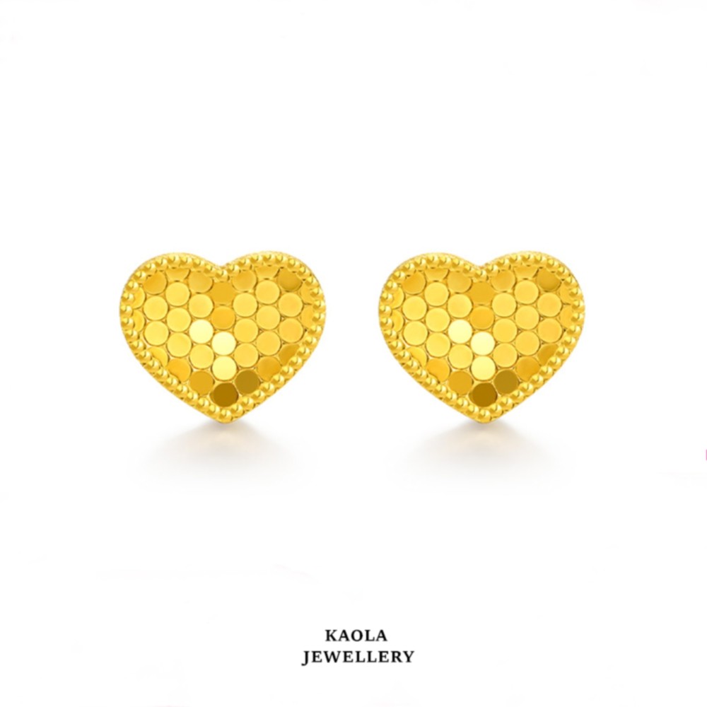 蜂巢爱心耳钉女纯银黄金5G鱼鳞片光面心形小圆点耳环耳饰龙鳞礼物