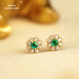 18K金花朵祖母绿耳钉女轻奢小众复古黄·金绿宝石耳环纯银钻礼物