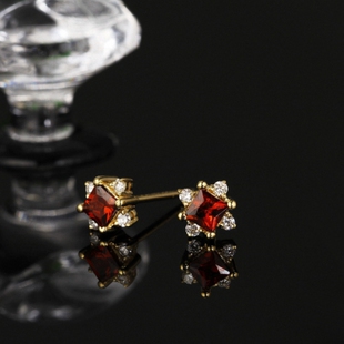 【小冰凌耳钉】纯银镀黄金色石榴红耳环红宝石色耳饰轻奢小众礼物