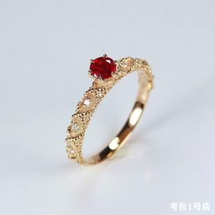 茜茜公主鸽血红宝石戒指女玫瑰金麻花复古指环纯银黄金镶钻礼物潮
