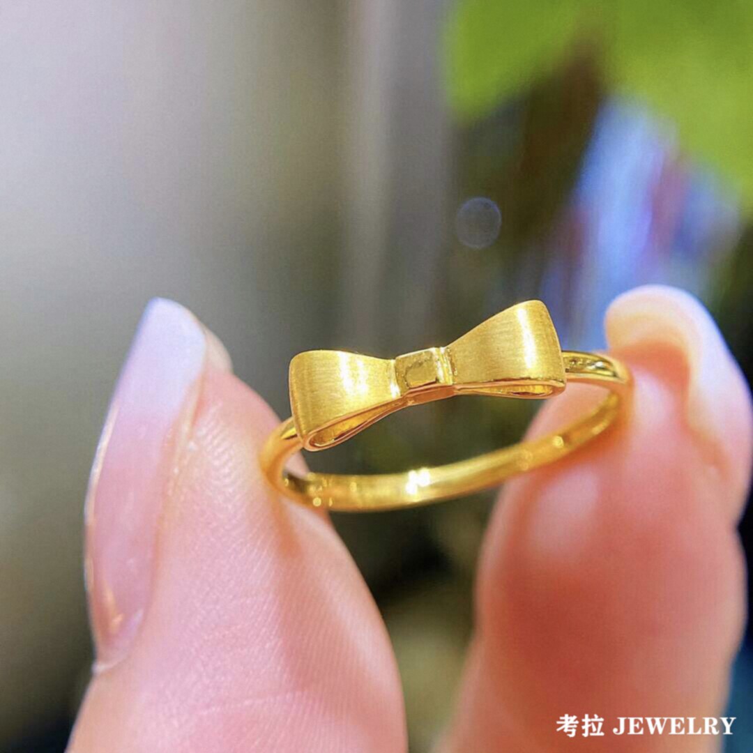 调太幅18K金【拉丝】蝴蝶结戒指 女轻奢纯银蝴蝶丝带指环黄金足金