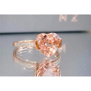 摩根石心形宝石戒指 女18K金玫瑰金香槟色爱心指环纯银钻石气质潮