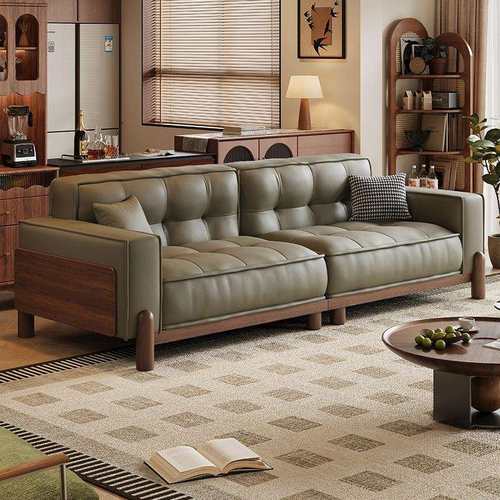 艾沃适法式复古风家用大小户型客厅真皮沙发胡桃木新中式三人直排