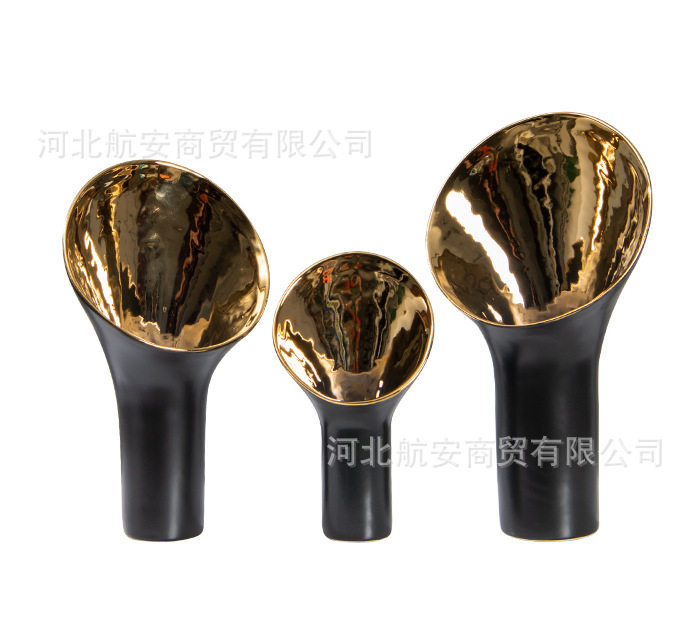 现代简约创意黑色陶瓷花瓶花器陶瓷工艺品桌面样板房茶几软装饰品