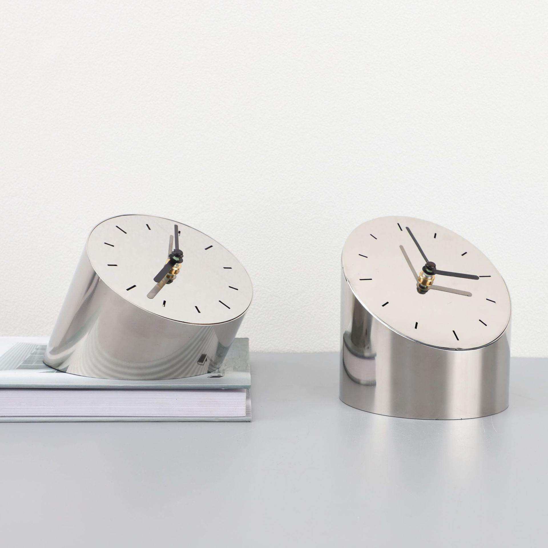 欧式金属斜边银色时钟摆件样板房电视柜卧室书房客厅桌面软装饰品