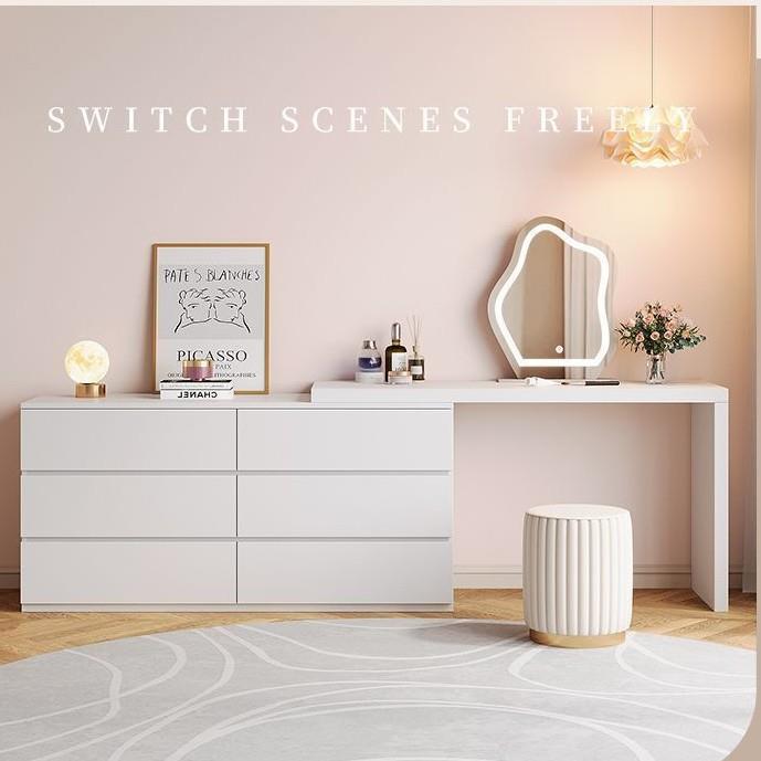 梳妆台化妆桌可伸缩翻盖卧室化妆镜坐凳一体斗柜化妆床头柜收纳柜