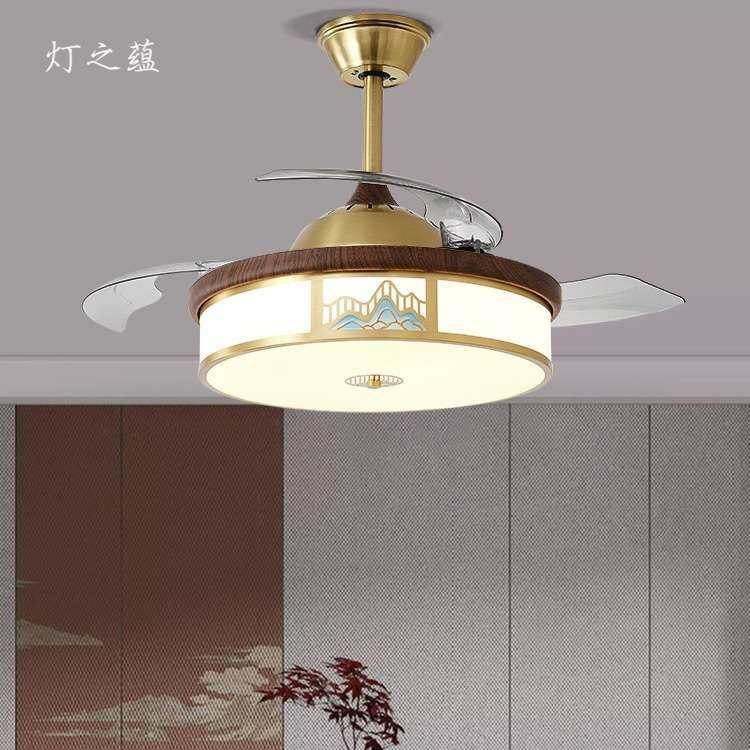 新中式风扇吊灯全铜黑胡桃木卧室灯中国风餐厅全光谱隐形风扇灯