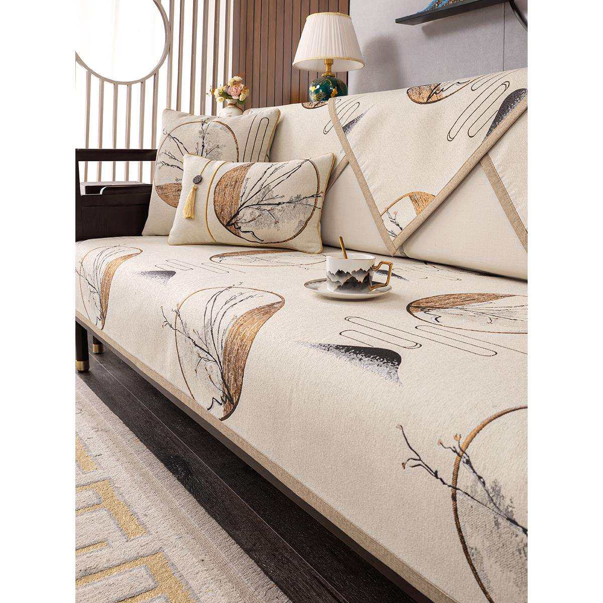 新中式沙发垫中国风高档防滑坐垫中式四季通用实木沙发套罩盖布巾