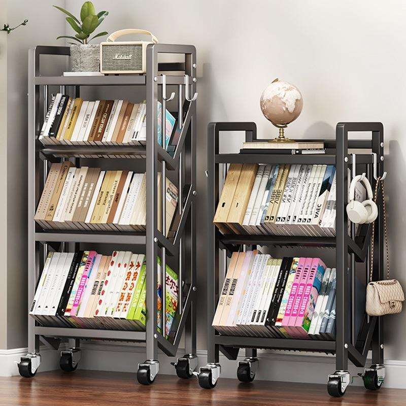 儿童书架置物架落地带轮书本阅读收纳一体移动简易铁艺钢制小推车