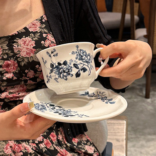 法式复古蓝色花卉咖啡杯碟中古下午茶陶瓷餐具拿铁拉花杯甜品碟