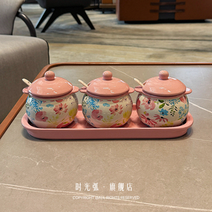 春意花季调味罐·厨房家用陶瓷高颜值彩盒包装味精糖盐罐三格调味