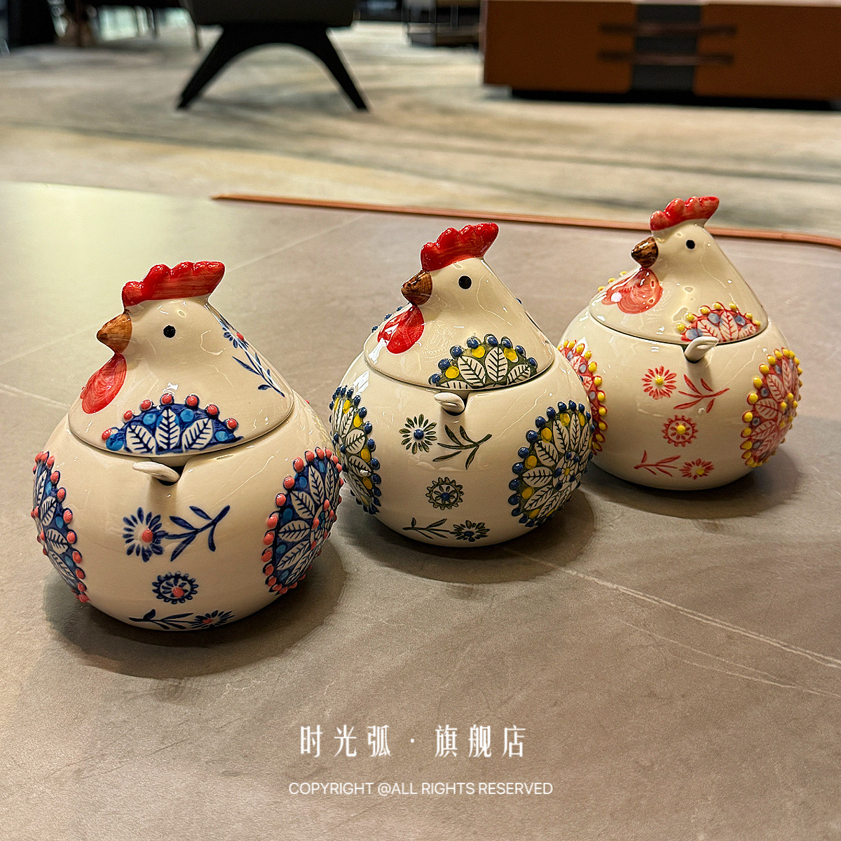 中古高级撞色风！小鸡调料罐创意带盖带勺釉下彩手绘陶瓷调味罐子