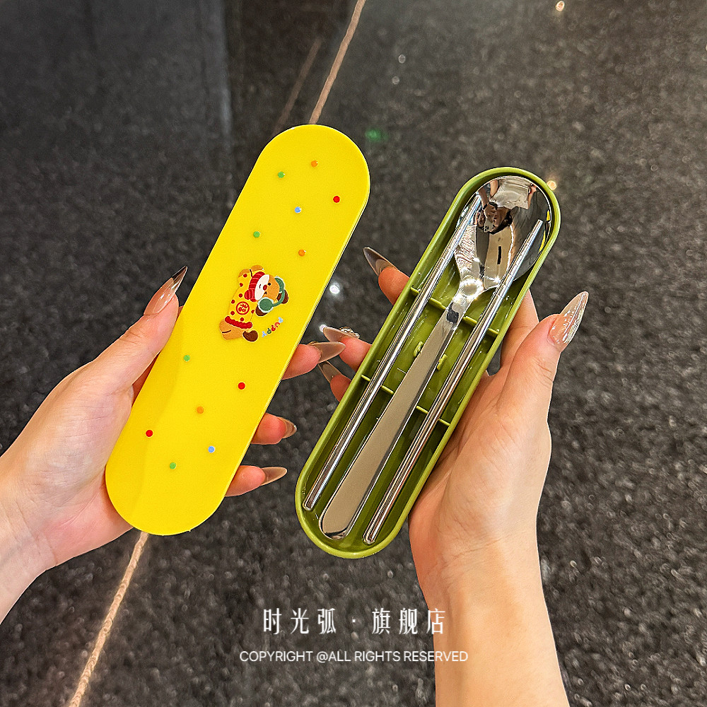 304不锈钢便携餐具套装收纳盒卡通儿童小学生专用俩件套筷子勺子