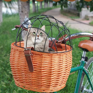 自行车宠物座椅收纳筐铁艺带盖车篮柳编车筐狗笼猫笼带盖宠物笼子