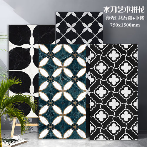 广东750x1500法式黑白艺术亮光拼花瓷砖酒店大堂会所走廊酒吧地砖