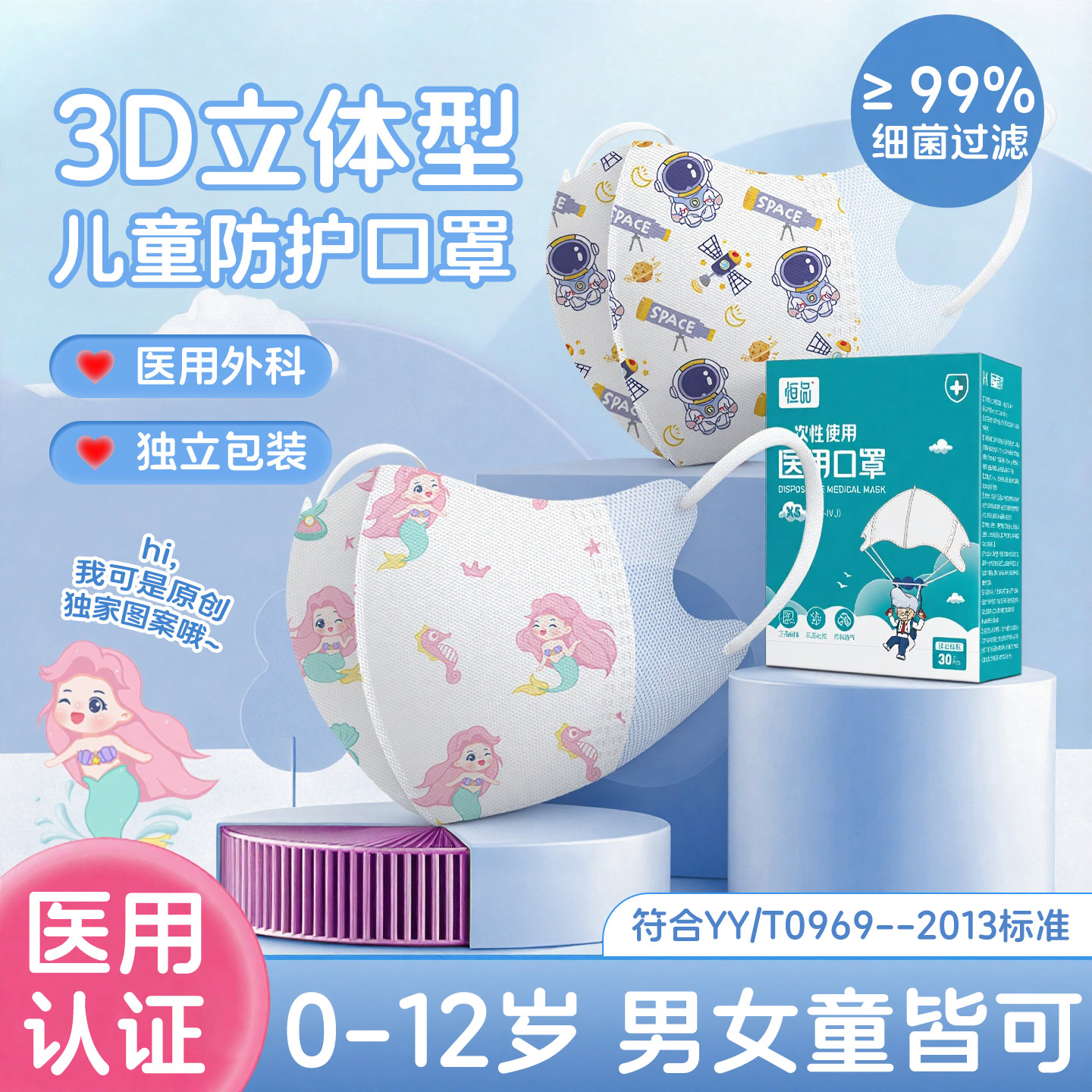 灭菌级别】儿童3d立体口罩一次性
