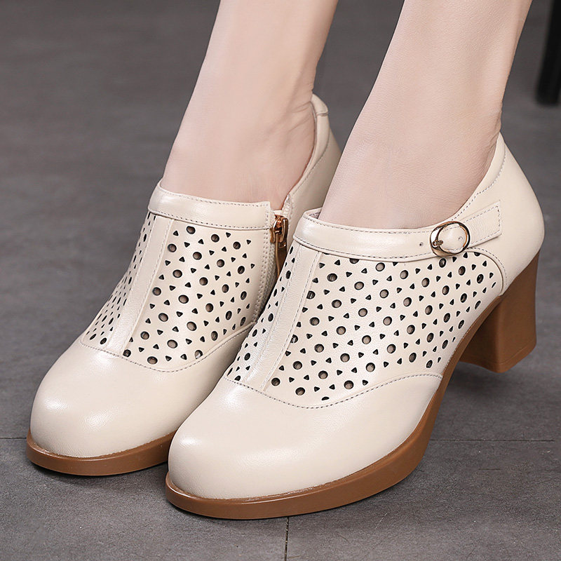 品牌超软真皮圆头复古粗高跟软底轻便单鞋女春秋新款妈妈鞋不累脚