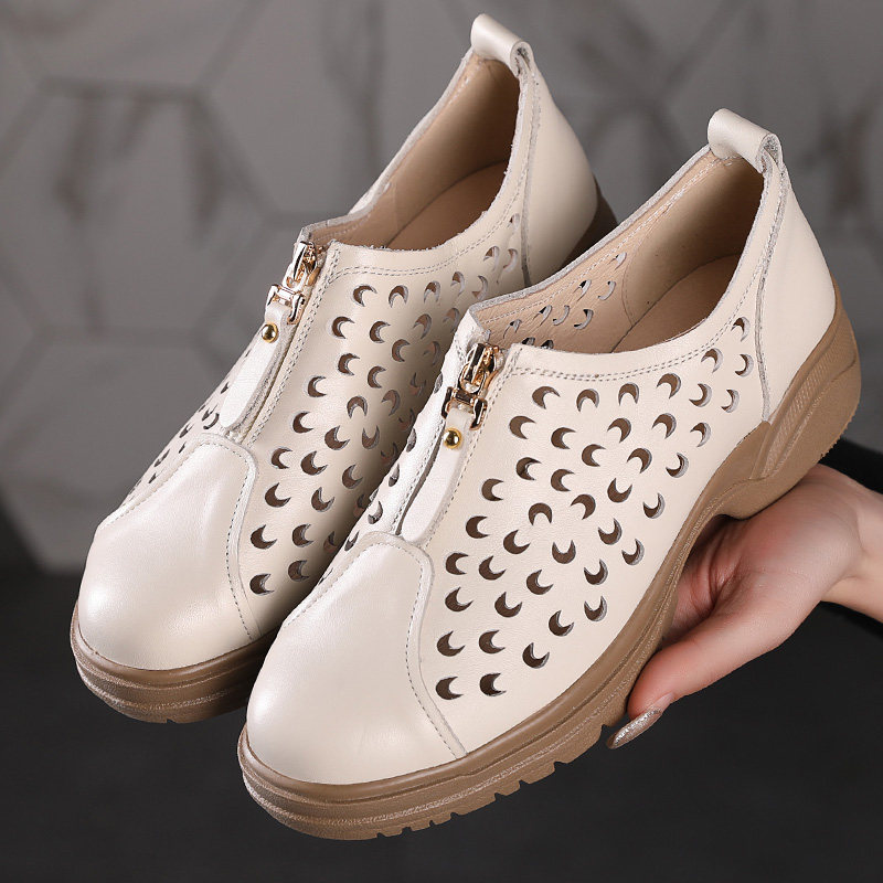 春秋新款中年妈妈包头凉鞋女里外真皮拉链中跟镂空软底软面全牛皮