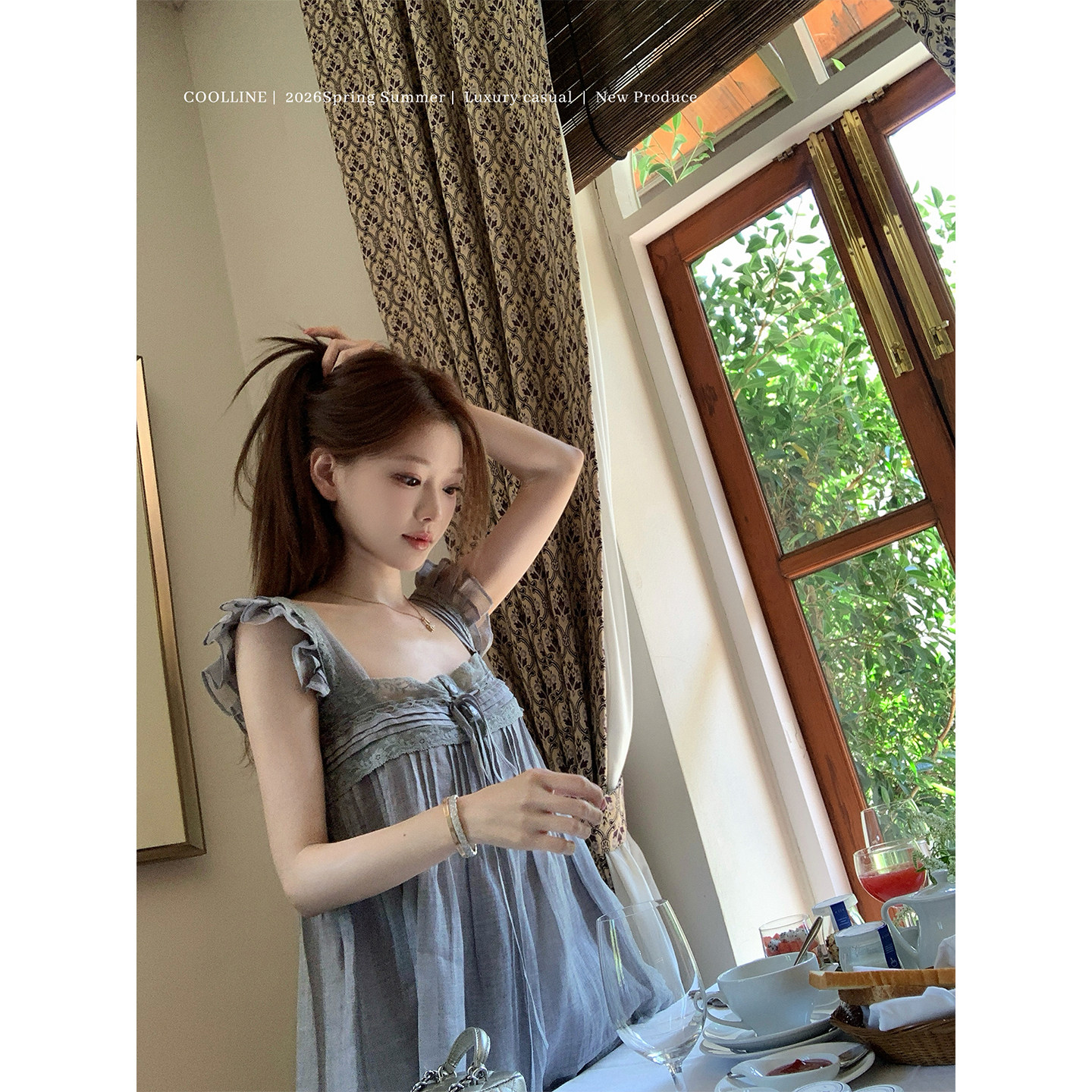 COOLLINE林子熙 仙品~茶歇系列 显白蓝紫色苎麻小飞袖连衣裙短裙